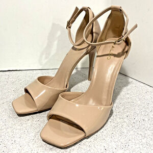 ALDO 9M Nude Patent High Heel Dressy Shoes Open Toe Ankle Strap Sexy Stilettos